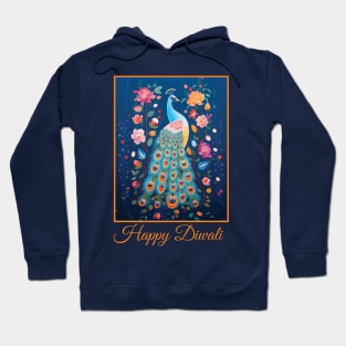 Blue Folk Art Peacock & Pink Flowers Happy Diwali Deepavali Celebration Hoodie